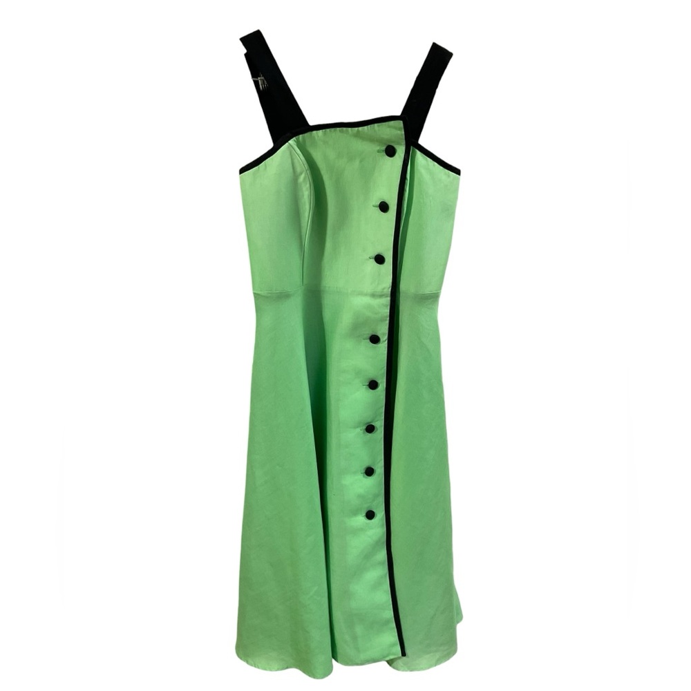 Vintage 90s Sia Bellini Green Ramie Button Front Dress | Mod Retro A-Line 9/10 - Picture 4 of 16